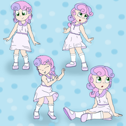 Size: 2500x2500 | Tagged: safe, artist:tahublade7, imported from derpibooru, sweetie belle, human, clothes, cute, dancing, diasweetes, dress, female, happy, humanized, mary janes, shoes, smiling, socks, weapons-grade cute