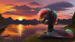 Size: 1920x1080 | Tagged: safe, artist:luminousdazzle, imported from derpibooru, oc, oc only, oc:black opal, bat pony, pony, bat pony oc, boat, choker, cloud, ear piercing, female, lake, lying down, mare, mountain, mountain range, piercing, scenery, sky, solo, sunset