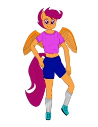 Size: 927x1200 | Tagged: safe, artist:nate5700, imported from derpibooru, scootaloo, anthro, pegasus, plantigrade anthro, clothes, looking at you, shoes, simple background, smiling, smiling at you, socks, solo, spread wings, white background, winged anthro, wings