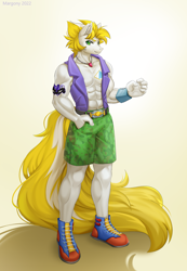 Size: 970x1400 | Tagged: safe, artist:margony, imported from derpibooru, oc, oc:alabastor amril, anthro, earth pony, plantigrade anthro, belt, clothes, earth pony oc, jewelry, male, muscles, necklace, shorts, solo, tattoo, vest