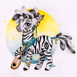 Size: 1024x1024 | Tagged: safe, artist:lailyren, imported from derpibooru, oc, oc only, zebra, musical instrument, simple background, solo, traditional art, white background, zebra oc