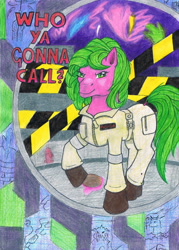 Size: 1632x2282 | Tagged: safe, artist:assertiveshypony, imported from derpibooru, plasmane, earth pony, ghost, ghost pony, pony, undead, city, clothes, crossover, drawing, female, ghostbusters, looking at you, mare, tape, traditional art