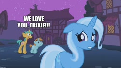 Size: 1280x720 | Tagged: safe, edit, edited screencap, imported from derpibooru, screencap, snails, snips, trixie, boast busters, caption, image macro, implied shipping, text, trixie's fans