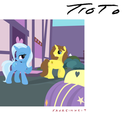 Size: 2000x2000 | Tagged: safe, artist:grapefruit-face, imported from derpibooru, trixie, oc, oc:grapefruit face, album cover, base used, canon x oc, car, duo, female, flirting, grapexie, looking at each other, looking at someone, male, outdoors, ponified, ponified album cover, shipping, smiling, straight, sugarcube corner, toto (band)