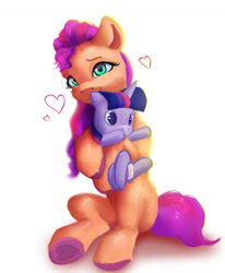 Size: 1115x1353 | Tagged: safe, artist:itssim, imported from derpibooru, sunny starscout, twilight sparkle, earth pony, pony, cute, female, g4, g5, happy, heart, holding a plushie, hoof heart, hug, hugging a plushie, mare, my little pony: a new generation, plushie, simple background, sitting, smiling, solo, sunnybetes, twilight sparkle plushie, underhoof, unshorn fetlocks, upside-down hoof heart, white background