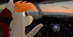 Size: 1366x702 | Tagged: safe, artist:fededash, imported from derpibooru, oc, oc only, oc:fededash, pony, cockpit, flying, pilot, plane, sky, sun, x-plane 11