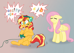 Size: 2319x1674 | Tagged: safe, artist:horse-time-babey, artist:meowfactor, imported from derpibooru, fluttershy, sunset shimmer, pegasus, pony, unicorn, equestria girls, angry, censored vulgarity, commission, controller, dialogue, duo, embarrassed, eyes closed, female, floppy ears, game, gamer sunset, grawlixes, headphones, headset, lesbian, mare, open mouth, rageset shimmer, shimmercode, shipping, sitting, sunset shimmer frustrated at game, sunshyne, swearing, that pony sure have anger issues, video game, vulgar, ych result