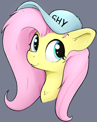 Size: 998x1256 | Tagged: safe, artist:whiskeypanda, imported from derpibooru, fluttershy, pegasus, pony, bust, cap, clothes, cute, female, gray background, hat, looking at you, mare, shyabetes, simple background, smiling, smiling at you, solo