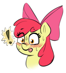 Size: 698x768 | Tagged: safe, artist:heretichesh, imported from derpibooru, apple bloom, earth pony, pony, blushing, exclamation point, female, filly, foal, simple background, solo, sweat, tongue out, transparent background