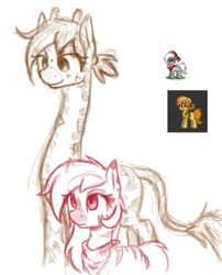 Size: 639x789 | Tagged: safe, artist:zebra, oc, oc only, giraffe, pony, zebra, pony town, bandana, height difference, ponytail