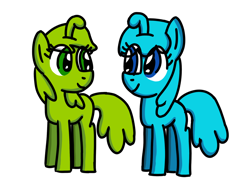 Size: 1024x768 | Tagged: safe, artist:danielthebrony57, imported from derpibooru, pony, blue (cut the rope 2), blue eyes, bluebetes (cut the rope 2), crossover, cut the rope, cut the rope 2, cute, duo, eye clipping through hair, eye contact, female, friends, full body, g4, green eyes, hooves, looking at each other, looking at someone, mare, nommie, nommie pony, om nom (character), omnomabetes, ponified, simple background, smiling, smiling at each other, standing, transparent background