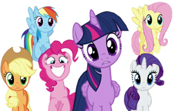 Size: 1280x821 | Tagged: safe, artist:twilyisbestpone, edit, edited screencap, imported from derpibooru, screencap, applejack, fluttershy, pinkie pie, rainbow dash, rarity, twilight sparkle, alicorn, earth pony, pegasus, pony, unicorn, background removed, female, looking at you, mane six, one of these things is not like the others, pinkie being pinkie, simple background, transparent background, twilight sparkle (alicorn)