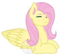 Size: 1300x1200 | Tagged: safe, artist:empress_ryu, imported from derpibooru, fluttershy, pegasus, pony, bust, cheek fluff, ear fluff, eyes closed, female, folded wings, happy, lying down, mare, prone, request, requested art, simple background, smiling, solo, white background, wings