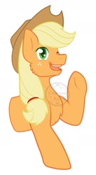 Size: 850x1550 | Tagged: safe, artist:empress_ryu, imported from derpibooru, applejack, earth pony, applejack's hat, cowboy hat, female, half body, hat, mare, one eye closed, signature, simple background, wave, waving, waving at you, white background, wink