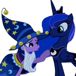 Size: 720x720 | Tagged: safe, artist:twilyisbestpone, edit, edited screencap, imported from derpibooru, screencap, princess luna, twilight sparkle, alicorn, pony, unicorn, luna eclipsed, season 2, background removed, duo, female, mare, simple background, star swirl the bearded costume, transparent background, unicorn twilight