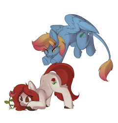 Size: 3154x3275 | Tagged: safe, artist:beardie, imported from derpibooru, oc, oc:merrifeather, oc:rose, earth pony, pegasus, pony, brown eyes, colored wings, earth pony oc, face down ass up, female, flower, high res, incoming hug, leonine tail, looking at something, midair, pegasus oc, pounce, red mane, rose, simple background, tail, transparent background, two toned mane, two toned tail, two toned wings, wings, yellow eyes