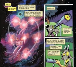 Size: 1037x910 | Tagged: safe, artist:andypriceart, idw, imported from derpibooru, discord, draconequus, spoiler:comic, spoiler:comic78, comic, cosmos, cropped, heart, moon, planet, space, sparkles, stars, telescope