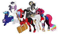 Size: 4603x2878 | Tagged: safe, artist:greenarsonist, artist:malinraf1615, artist:snows-undercover, derpibooru exclusive, imported from derpibooru, starlight glimmer, oc, oc only, oc:foxy, oc:gusty gale, oc:painted lilly, oc:strawberry quinn, oc:ziena, earth pony, pegasus, pony, unicorn, derpibooru community collaboration, 2022 community collab, alternate hairstyle, baseball bat, beautiful, bedroom eyes, belt, bisexual pride flag, blushing, boots, bow, bracelet, chest fluff, choker, clothes, cosplay, costume, dc comics, dress, ear piercing, earring, eyes closed, eyeshadow, fancy, female, fishnets, freckles, gala dress, glasses, gloves, hair bow, hammer, harley quinn, high res, hoof shoes, jester, jewelry, lesbian, lipstick, makeup, male, mallet, mare, markings, mask, multicolored hair, necklace, nonbinary, nonbinary pride flag, nose piercing, nose ring, oc x oc, piercing, plushie, pride, pride flag, raised hoof, raised leg, sandals, seduction, shipping, shirt, shoes, shorts, simple background, stallion, t-shirt, tail, tail seduce, tattoo, torn clothes, transparent background, unshorn fetlocks, wall of tags, wristband