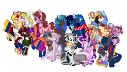 Size: 4004x2290 | Tagged: safe, artist:valkiria, derpibooru exclusive, imported from derpibooru, rainbow dash, oc, oc only, oc:allegro shine, oc:arepita, oc:clawdeen, oc:figjam outback, oc:gerald, oc:isabella blend, oc:jade harmony, oc:midnight, oc:midnight specter, oc:n0kkun, oc:nightlight canvas, oc:opacity, oc:pink lumine, oc:qilala, oc:rain sunburst, oc:rainbow noir, oc:shallow win, oc:valencia vineyard, oc:zilco spices, alicorn, ferret, griffon, half-siren, hengstwolf, hybrid, pegasus, pony, unicorn, werewolf, zebra, derpibooru community collaboration, 2022 community collab, :p, alicorn oc, anklet, australia, badge, bandana, bisexual pride flag, blood, blushing, boots, bracelet, cheek kiss, chest fluff, choker, clothes, coat, colombia, console, controller, corset, disguise, disguised siren, dress, ear fluff, ear piercing, earring, eyes closed, face paint, fangs, female, flag, flats, flower, flower in hair, flustered, freckles, gaming, gay, glasses, gloves, griffon oc, grin, hairband, hat, hijab, hoodie, hoof hold, hoof shoes, horn, hug, interspecies offspring, islam, jacket, jewelry, kissing, leather jacket, lesbian, lesbian pride flag, magical lesbian spawn, malaysia, male, mare, markings, monitor, mouth hold, multicolored hair, national flag, neck rings, necklace, oc x oc, offspring, one eye closed, open mouth, parent:adagio dazzle, parent:sunset shimmer, parents:sunsagio, patriotic, piercing, plushie, pride, pride flag, rainbow hair, raised hoof, raised leg, scar, scarf, shipping, shirt, shoes, shorts, siblings, simple background, sisters, sitting, skirt, smiling, socks, spiked choker, stallion, straight, striped socks, sunglasses, sweat, sweatdrop, tanktop, tongue out, transparent background, trio, unshorn fetlocks, venezuela, video game, wall of tags, wing hands, wings, wink, zebra oc