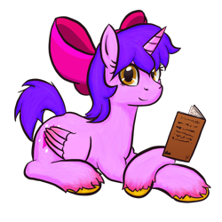 Size: 1100x1100 | Tagged: safe, artist:hiddelgreyk, imported from derpibooru, oc, oc only, alicorn, derpibooru community collaboration, 2022 community collab, alicorn oc, book, bow, female, hair bow, horn, lying down, mare, purple hair, simple background, solo, transparent background, wings, yellow eyes