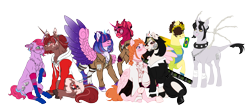 Size: 6762x3000 | Tagged: safe, artist:malinraf1615, artist:theartfox2468, imported from derpibooru, oc, oc only, oc:angel petals, oc:barnburner, oc:estella sparkle, oc:grimm fable, oc:jezza belle, oc:lilac, oc:sol shines, oc:venus red heart, alicorn, earth pony, human, pegasus, pony, unicorn, derpibooru community collaboration, 2022 community collab, absurd resolution, alicorn oc, alternate hairstyle, anklet, attack on titan, bandage, bandana, bedroom eyes, belt, bisexual pride flag, blushing, bone, boots, brazil, can, canada, canadian, canadian flag, chess piece, chest fluff, choker, christianity, clothes, cosplay, costume, crossover, crown, curved horn, deaf, dress, ear piercing, earring, energy drink, eren jaeger, eye clipping through hair, eyebrows, eyebrows visible through hair, eyeshadow, face mask, fangs, female, fingerless gloves, flag, flustered, glasses, gloves, grim reaper, grin, hair over eyes, hair over one eye, hearing aid, heart eyes, hoodie, horn, jacket, jewelry, kissing, leg fluff, leonine tail, lesbian, lip piercing, lipstick, looking at each other, looking at someone, makeup, mare, markings, mask, mismatched socks, monster energy, mouth hold, multicolored hair, necklace, nun outfit, nuzzling, oc x oc, offspring, one eye closed, open mouth, overalls, pants, parent:flash sentry, parent:twilight sparkle, parents:flashlight, piercing, playing card, plushie, pride, pride flag, raised hoof, raised leg, regalia, religion, shipping, shirt, shoes, shorts, simple background, sitting, size difference, skirt, smiling, socks, spiked choker, spread wings, stockings, striped socks, sweater, tail, thigh highs, transparent background, underhoof, unshorn fetlocks, wall of tags, wingding eyes, wings