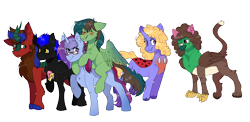 Size: 2016x980 | Tagged: safe, artist:valkiria, derpibooru exclusive, imported from derpibooru, fluttershy, oc, oc only, oc:bitzy berry, oc:frizz, oc:gusty longbow evergreen, oc:marquis majordome, oc:marquise soubrette, oc:scarlet havoc, oc:shadow spirits, oc:windy barebow evergreen, changedling, changeling, changepony, griffon, hybrid, kirin, pegasus, pony, unicorn, derpibooru community collaboration, 2022 community collab, blushing, cat ears, changedling oc, changeling oc, chest fluff, eyes closed, female, glasses, griffon oc, grin, kirin oc, looking at each other, looking at someone, male, mare, multicolored hair, one eye closed, plushie, ponies riding ponies, raised hoof, raised leg, riding, rule 63, simple background, smiling, stallion, trans male, transgender, transparent background, wall of tags, wink