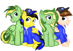 Size: 1221x850 | Tagged: safe, artist:rainbow eevee, imported from derpibooru, oc, oc only, oc:boomerang beauty, oc:didgeree, oc:ponyseb 2.0, oc:seb the pony, pegasus, pony, derpibooru community collaboration, 2022 community collab, :p, blue eyes, clothes, colored wings, cute, facial hair, female, folded wings, group, jacket, looking at each other, looking at someone, male, ponified, simple background, sitting, snapback, sweater, tongue out, transparent background, two toned mane, vector, wings