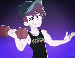 Size: 1280x987 | Tagged: safe, artist:felux, imported from derpibooru, dirk thistleweed, human, equestria girls, equestria girls series, arms, cap, clothes, hat, jewelry, male, muscles, necklace, sleeveless, smiling, smirk