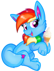 Size: 610x800 | Tagged: safe, artist:rainbow eevee, imported from derpibooru, oc, oc:rainbow eevee, eevee, poképony, derpibooru community collaboration, 2022 community collab, cute, daaaaaaaaaaaw, fast food, female, food, happy, ice cream, mcdonald's, multicolored hair, open mouth, pink eyes, pokémon, rainbow hair, simple background, sitting, solo, transparent background, vector