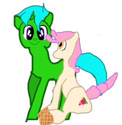 Size: 3856x3928 | Tagged: safe, artist:joeydr, imported from derpibooru, oc, oc only, oc:green byte, oc:vanillaberry swirl, earth pony, food pony, pony, unicorn, derpibooru community collaboration, 2022 community collab, crappy art, duo, earth pony oc, food, high res, horn, male, ponified, simple background, sitting, smiling, stallion, transparent background, unicorn oc