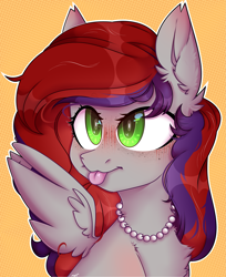 Size: 2985x3658 | Tagged: safe, artist:morttdecai3, imported from derpibooru, oc, oc only, oc:evening prose, pegasus, pony, blushing, bust, chest fluff, female, freckles, high res, jewelry, mare, necklace, pearl necklace, pegasus oc, smiling, solo, spread wings, tongue out, wings