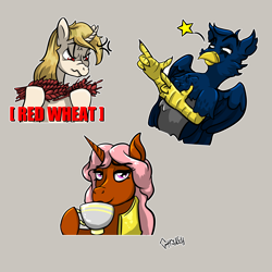 Size: 3000x3000 | Tagged: safe, artist:ghouleh, imported from derpibooru, oc, oc only, oc:bitter delight, oc:eid, oc:regal inkwell, griffon, unicorn, armor, cup, curved horn, female, finger gun, food, high res, horn, male, mare, royal guard, stallion, stars, teacup, wheat