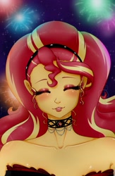 Size: 1300x2000 | Tagged: safe, artist:albertbm, imported from derpibooru, sunset shimmer, equestria girls, alternate hairstyle, bare shoulders, choker, clothes, cutie mark on clothes, eyes closed, eyeshadow, female, fireworks, grin, happy new year, holiday, lipstick, makeup, smiling, solo