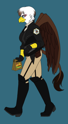 Size: 582x1064 | Tagged: safe, artist:imperfect-ion, imported from derpibooru, oc, oc:iris ironhide, anthro, griffon, beak, boots, burger, clothes, fast food, female, food, gloves, griffon oc, hamburger, helmet, high heel boots, police officer, police uniform, shoes, simple background, teal background, uniform