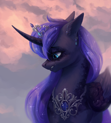 Size: 2350x2600 | Tagged: safe, artist:inarimayer, imported from derpibooru, princess luna, alicorn, pony, bust, cloud, commission, crown, crying, depressed, depression, ear piercing, earring, female, folded wings, high res, horn, jewelry, mare, modified accessory, peytral, piercing, regalia, solo, tears of pain, teary eyes, wings, wings down