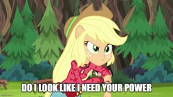 Size: 888x499 | Tagged: safe, edit, edited screencap, imported from derpibooru, screencap, applejack, equestria girls, legend of everfree, do i look like i need your power, imgflip, knuckles the echidna, meme, ponied up, solo, sonic the hedgehog (series), sonic the hedgehog 2 (movie)