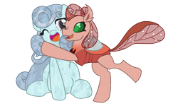 Size: 2000x1200 | Tagged: safe, artist:brownie-bytes, imported from derpibooru, oc, oc only, oc:cacicus, oc:looking glass, changedling, changeling, crystal pony, derpibooru community collaboration, 2022 community collab, changedling oc, changeling oc, crystal pony oc, duo, hug, simple background, transparent background