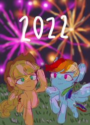 Size: 1000x1400 | Tagged: safe, artist:snowzaaah, imported from derpibooru, applejack, rainbow dash, earth pony, pegasus, pony, 2022, appledash, female, fireworks, happy new year, holiday, lesbian, shipping