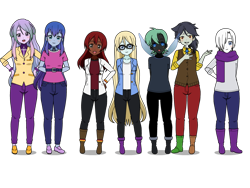 Size: 800x600 | Tagged: safe, artist:sarahfaded510, imported from derpibooru, discord, double diamond, princess celestia, princess luna, thorax, oc, human, equestria girls, belt, boots, clothes, dark skin, female, humanized, jeans, kisekae, pants, principal celestia, scarf, shirt, shoes, simple background, sweater, transparent background, vest, vice principal luna