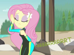 Size: 867x642 | Tagged: safe, artist:thedarkpony, edit, edited screencap, imported from derpibooru, screencap, fluttershy, equestria girls, equestria girls series, unsolved selfie mysteries, cropped, eyes closed, fart, fart edit, fart noise, female, fluttershy's wetsuit, onomatopoeia, sound effects, wetsuit