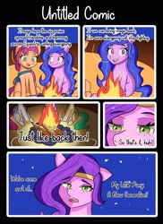 Size: 2160x2962 | Tagged: safe, artist:artiks, imported from derpibooru, izzy moonbow, pipp petals, sunny starscout, earth pony, pegasus, pony, unicorn, spoiler:my little pony: a new generation, comic, dialogue, fire, frown, g5, high res, lidded eyes, looking at you, my little pony: a new generation, parody, scene interpretation, smiling