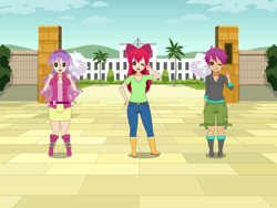 Size: 2000x1500 | Tagged: safe, artist:elizaveta2014, imported from derpibooru, apple bloom, scootaloo, sweetie belle, human, belt, boots, clothes, eyebrows, eyebrows visible through hair, female, grin, hand on hip, humanized, jeans, kisekae, looking at you, one eye closed, open mouth, open smile, pants, peace sign, shoes, smiling, smiling at you, trio, trio female, vest, wink, winking at you