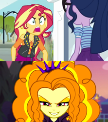 Size: 1920x2160 | Tagged: safe, edit, edited screencap, imported from derpibooru, screencap, adagio dazzle, sci-twi, sunset shimmer, twilight sparkle, equestria girls, equestria girls series, forgotten friendship, sunset's backstage pass!, text support, spoiler:eqg series (season 2), angry, antagonist, evil grin, grin, rage, rageset shimmer, smiling, yelling