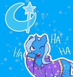 Size: 1906x2030 | Tagged: safe, artist:fuzzysocs, imported from derpibooru, trixie, pony, unicorn, alternate hairstyle, babysitter trixie, clothes, female, hoodie, laughing, mare, one eye closed, smiling, solo, teary eyes