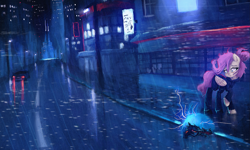 Size: 2259x1356 | Tagged: safe, artist:menalia, imported from derpibooru, fluttershy, pegasus, pony, aesthetics, alternate design, alternate hairstyle, bus stop, car, city, clothes, cyberpunk, electricity, error, female, glitch, gun, hoodie, lightning, looking at something, looking down, mare, neon, outdoors, pants, rain, raised hoof, scared, shoes, skyscraper, solo, street, turned head, weapon, wings