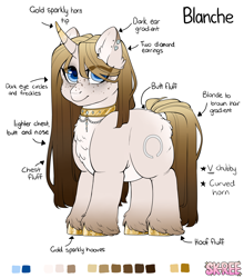 Size: 3444x3908 | Tagged: safe, artist:sk-ree, imported from derpibooru, oc, oc only, oc:blanche vide, pony, unicorn, blue eyes, butt fluff, chest fluff, colored eartips, colored hooves, colored horn, curved horn, ear fluff, ear piercing, earring, eye clipping through hair, female, fluffy, freckles, gold hooves, gradient mane, gradient tail, high res, hoof fluff, hooves, horn, jewelry, looking at you, mare, necklace, pale belly, piercing, reference, reference sheet, simple background, solo, standing, tail, unshorn fetlocks, white background