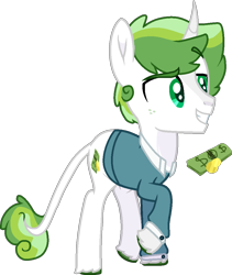 Size: 888x1051 | Tagged: safe, artist:rickysocks, imported from derpibooru, oc, oc only, oc:viridian sage, pony, unicorn, coin, dollar, dreamworks face, eyebrows, eyebrows visible through hair, grin, horn, male, offspring, parent:fancypants, parent:rarity, parents:raripants, raised hoof, simple background, smiling, solo, teenager, transparent background, unicorn oc