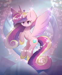 Size: 1800x2200 | Tagged: safe, artist:miryelis, imported from derpibooru, princess cadance, alicorn, pony, crown, crystal, crystal heart, cute, flying, full body, heart, jewelry, looking at you, regalia, smiling, smiling at you, solo, sparkles, wings