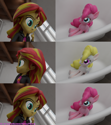 Size: 3000x3375 | Tagged: safe, artist:extremespeed slowpoke, imported from derpibooru, pinkie pie, sunset shimmer, surprise, earth pony, pegasus, pony, equestria girls, 3d, bathtub, blender, clothes, female, high res, jacket, looking at each other, looking at someone, looking away, mare, meme, sitting, window