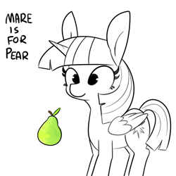 Size: 1440x1440 | Tagged: safe, artist:tjpones, imported from derpibooru, twilight sparkle, alicorn, pony, black and white, female, food, grayscale, mare, monochrome, partial color, pear, simple background, solo, twilight sparkle (alicorn), white background